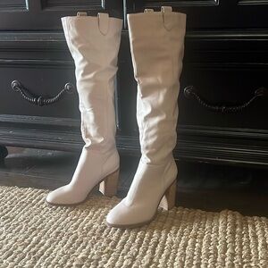 Off white knee high , high wood Block heel boots